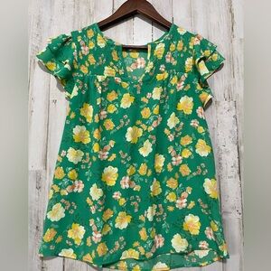 Pleione Blouse Womens Size Small Short Sleeve Green Floral